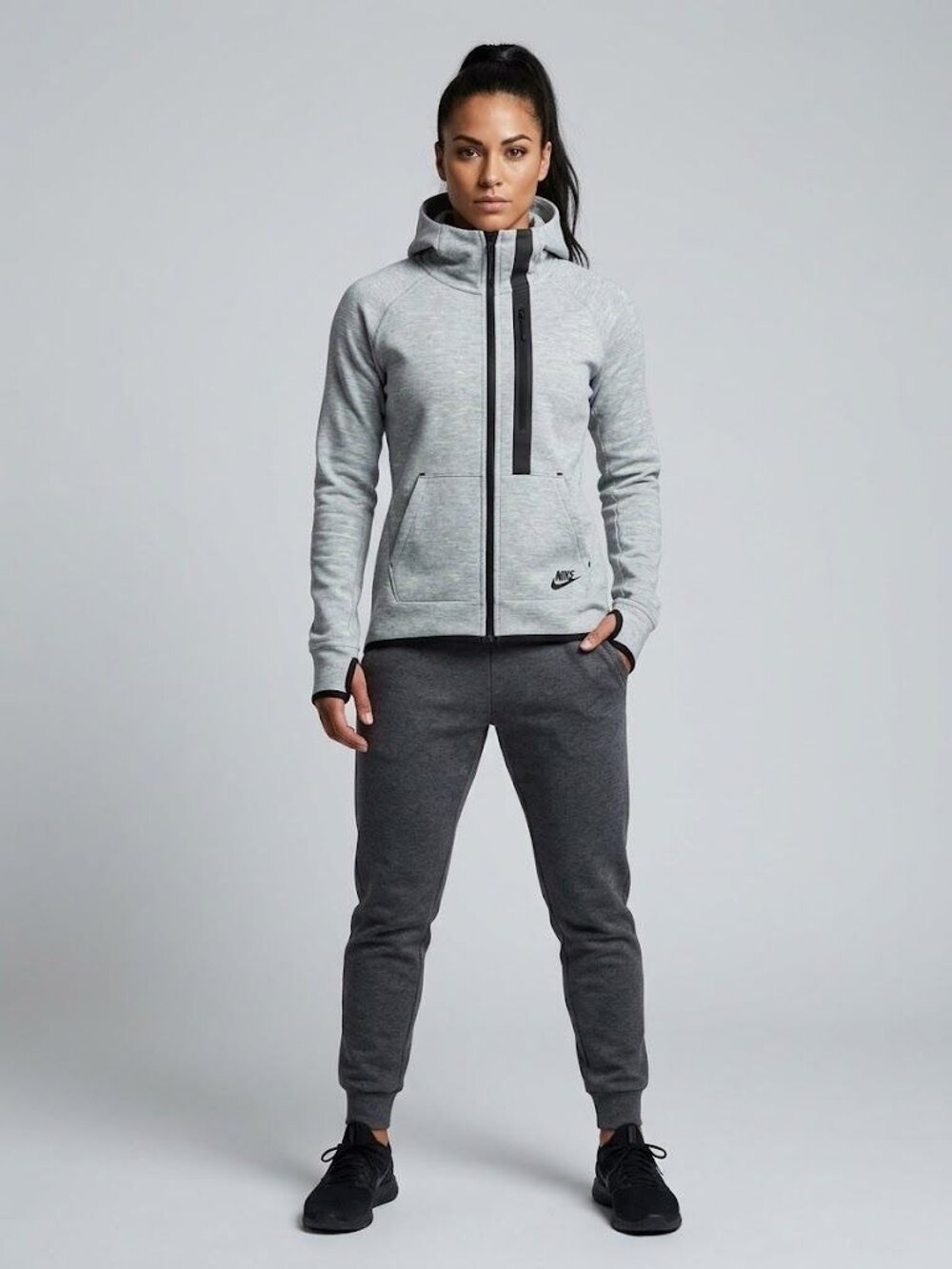 Nike Tech Fleece Womens Full Zip Hoodie L Gray Black Jacket Thumbholes High Low
